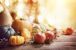 Various autumn fruit and vegetables on a wood surface