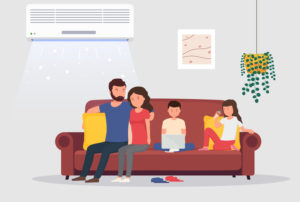 Illustration of a family in their home with a ductless system