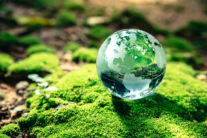 Crystal globe on moss, ecology and environment sustainable concept.
